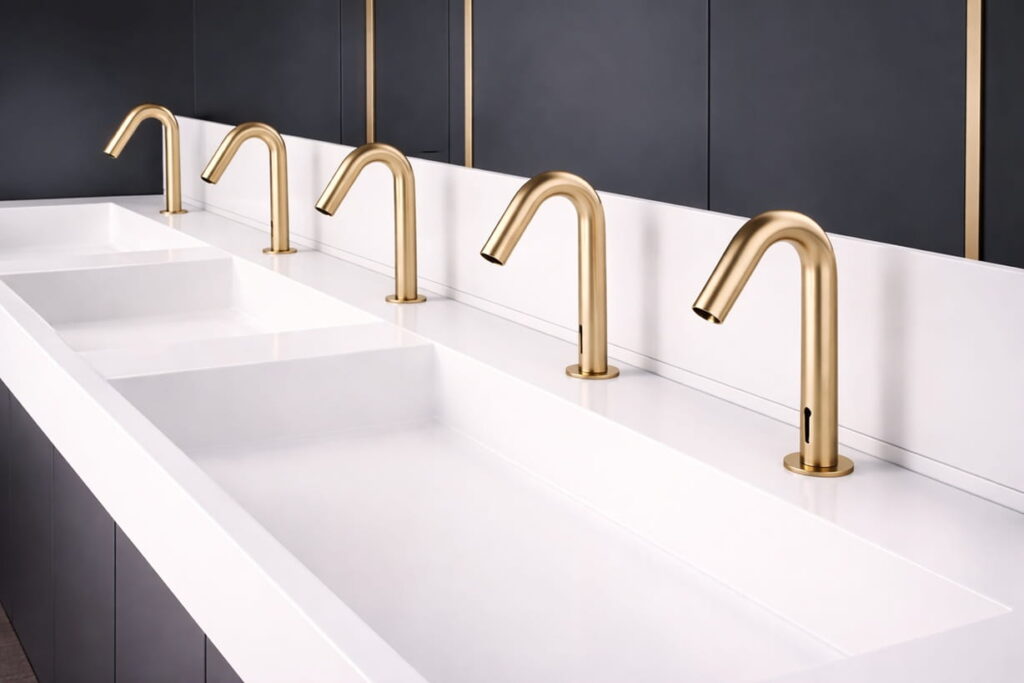 Elegant gold touchless restroom faucets