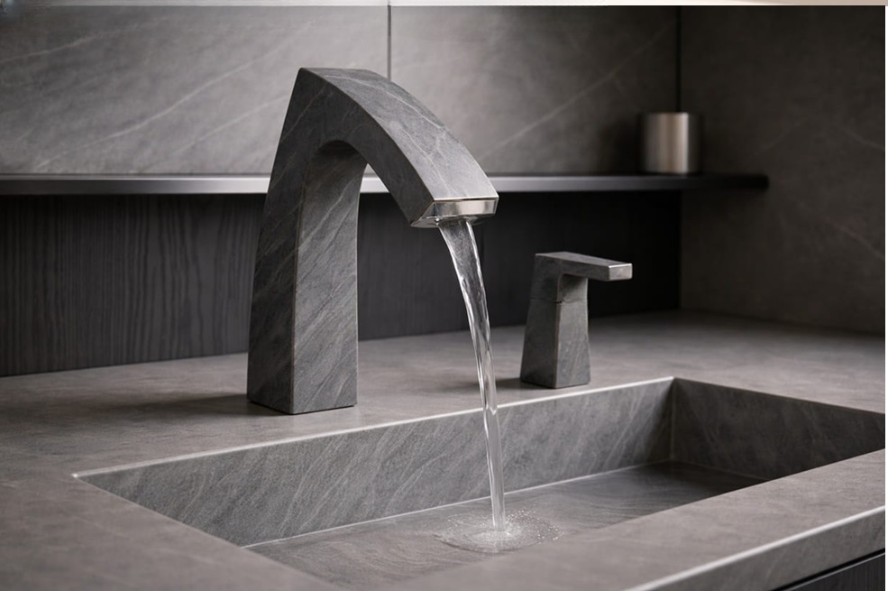 Modern luxury restroom with touchless faucets