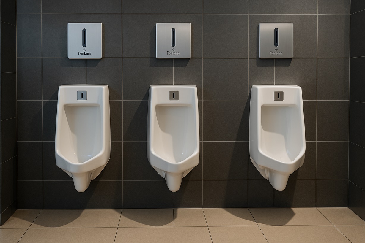 Commercial office building restroom recessed infrared urinal flush system installed for modern aesthetic