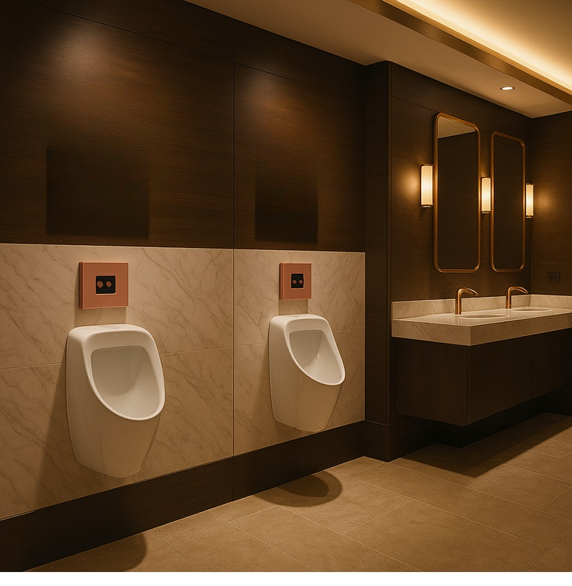 Hotel restroom hardwired recessed urinal flush valve system for uninterrupted operation