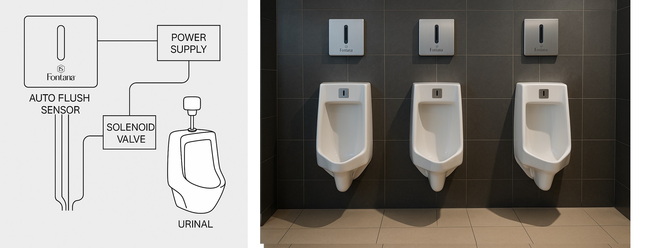 Hotel restroom recessed infrared urinal flush valve system with modern architectural integration