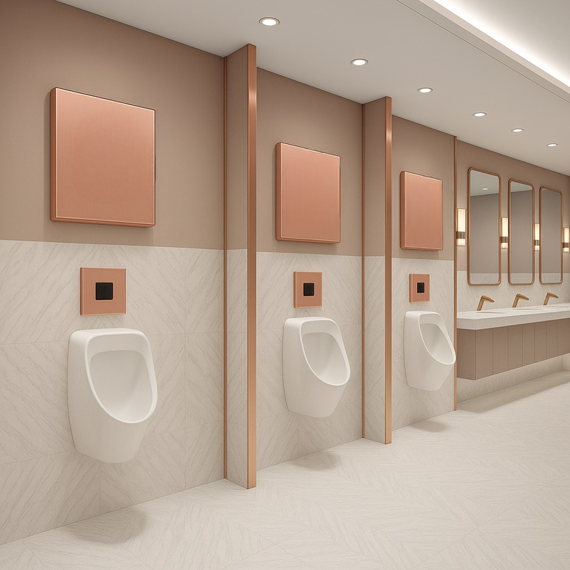 Commercial restroom retrofit replacing exposed flushometer with recessed urinal flush valve