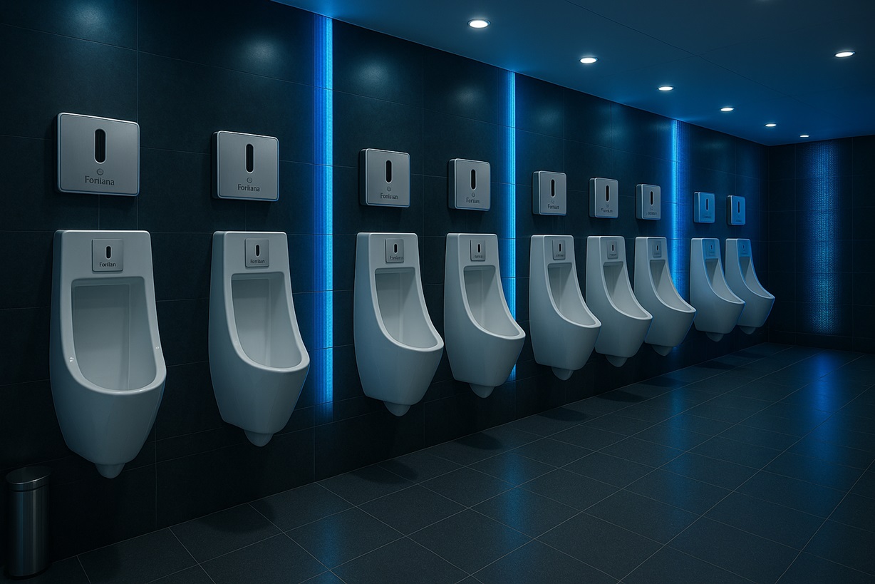 Stadium restroom heavy-duty urinal auto flush system built for surge traffic environments