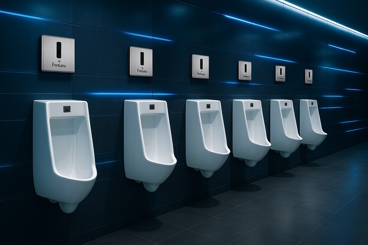 Airport restroom infrared sensor urinal flush system providing touchless activation