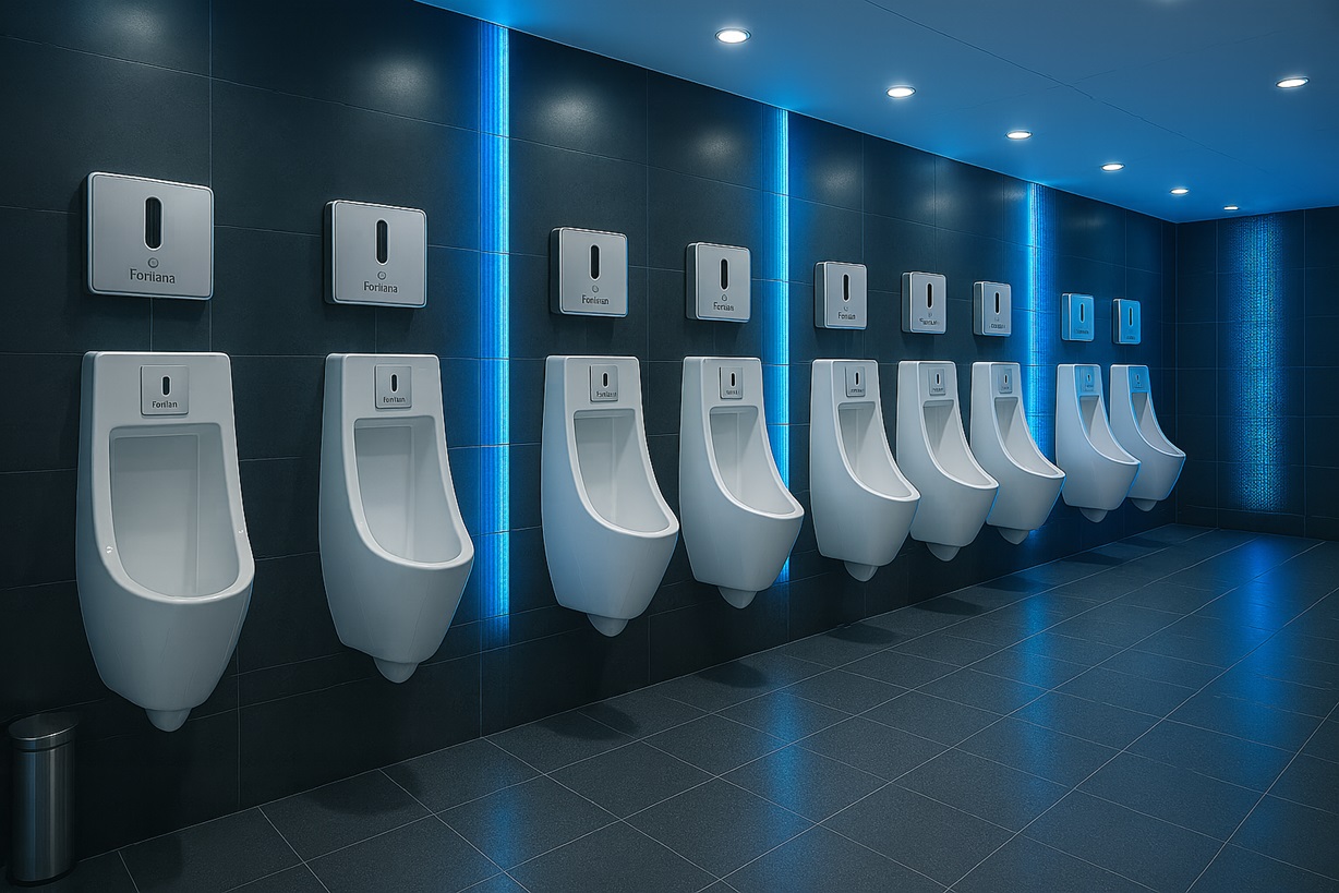 Public transit restroom recessed automatic urinal flush valve system designed for low maintenance and quick servicing