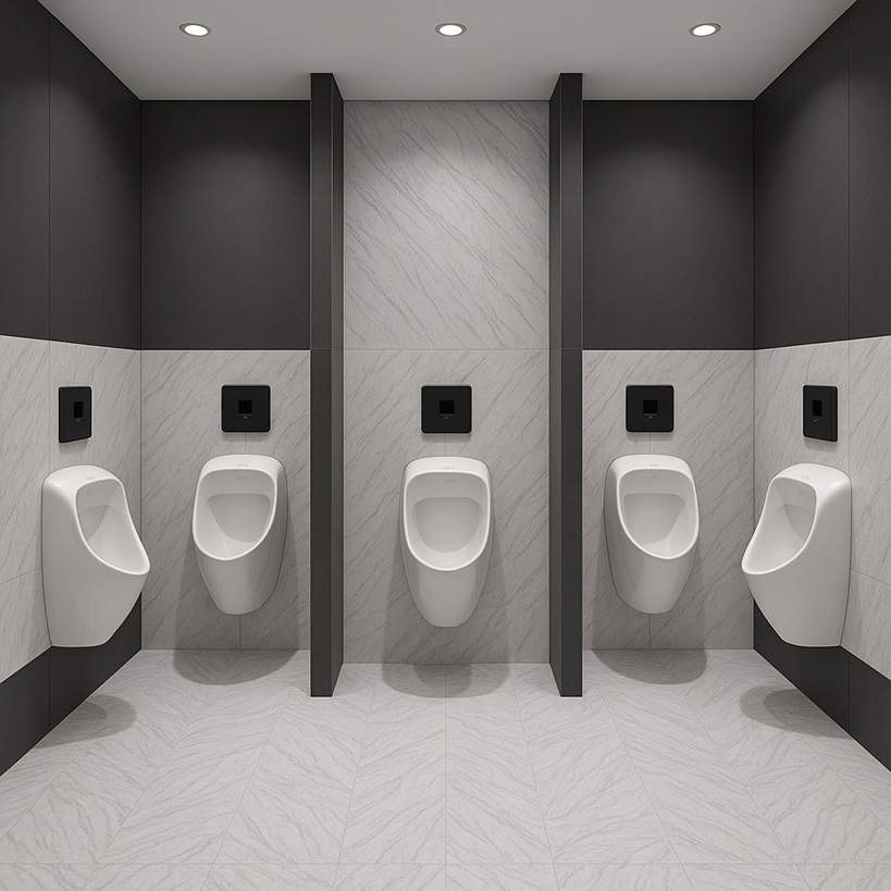 Hospital restroom automatic urinal flush system designed for hygienic contactless performance