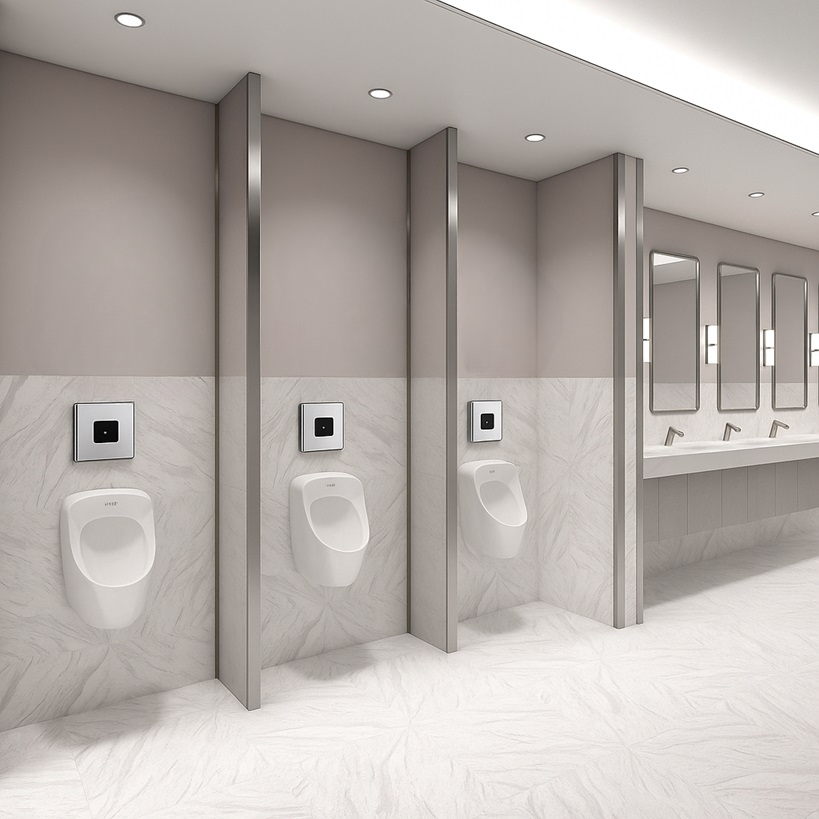 Commercial infrared urinal flush sensor adjustment to prevent false activation