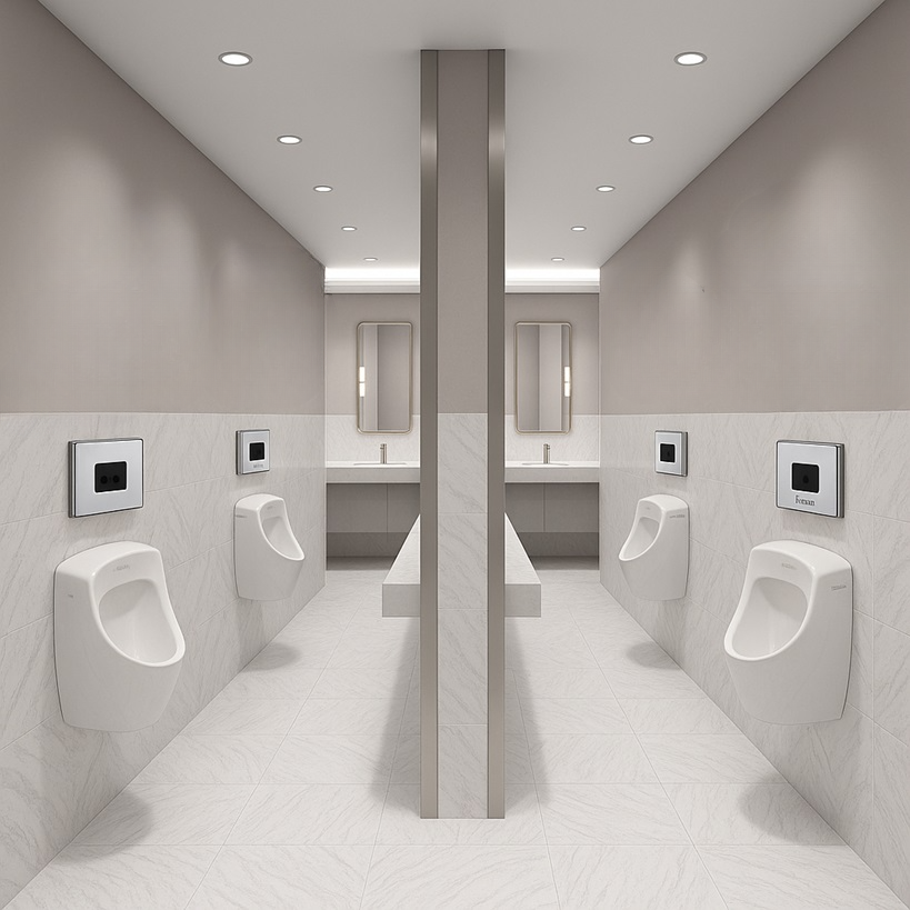 Vandal resistant recessed urinal auto flush valve installed in school restroom