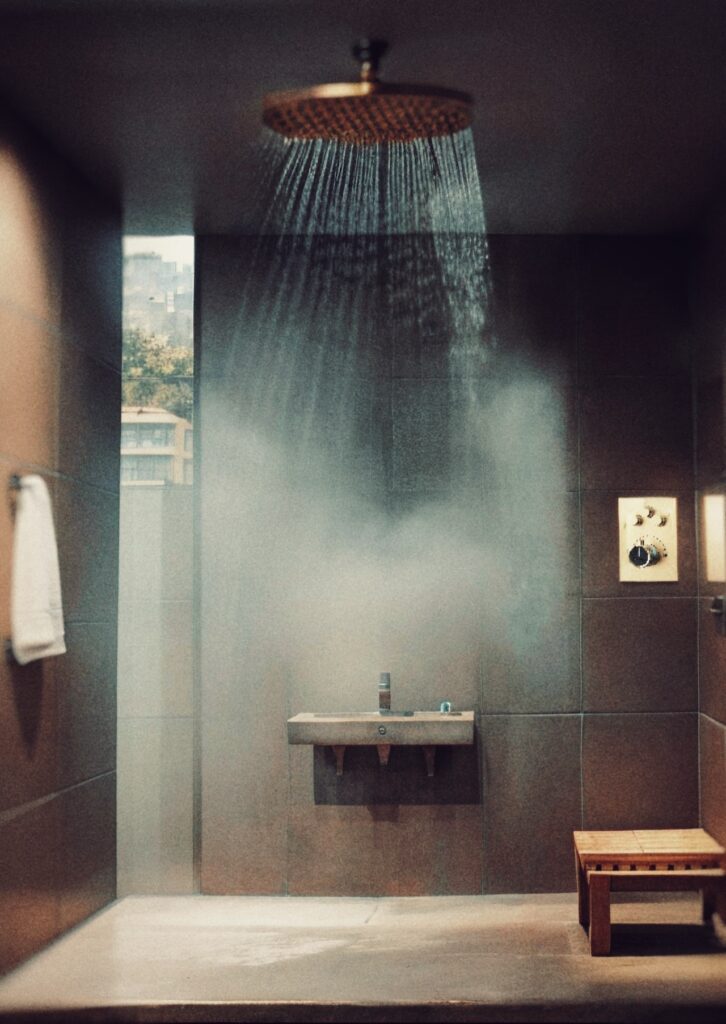 Modern luxury spa shower system with contemporary rainfall shower styling