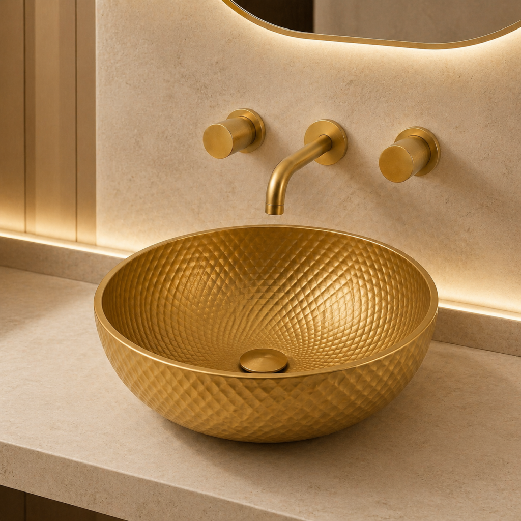 Fontana brushed gold faucet with bowl alternate view for upscale project