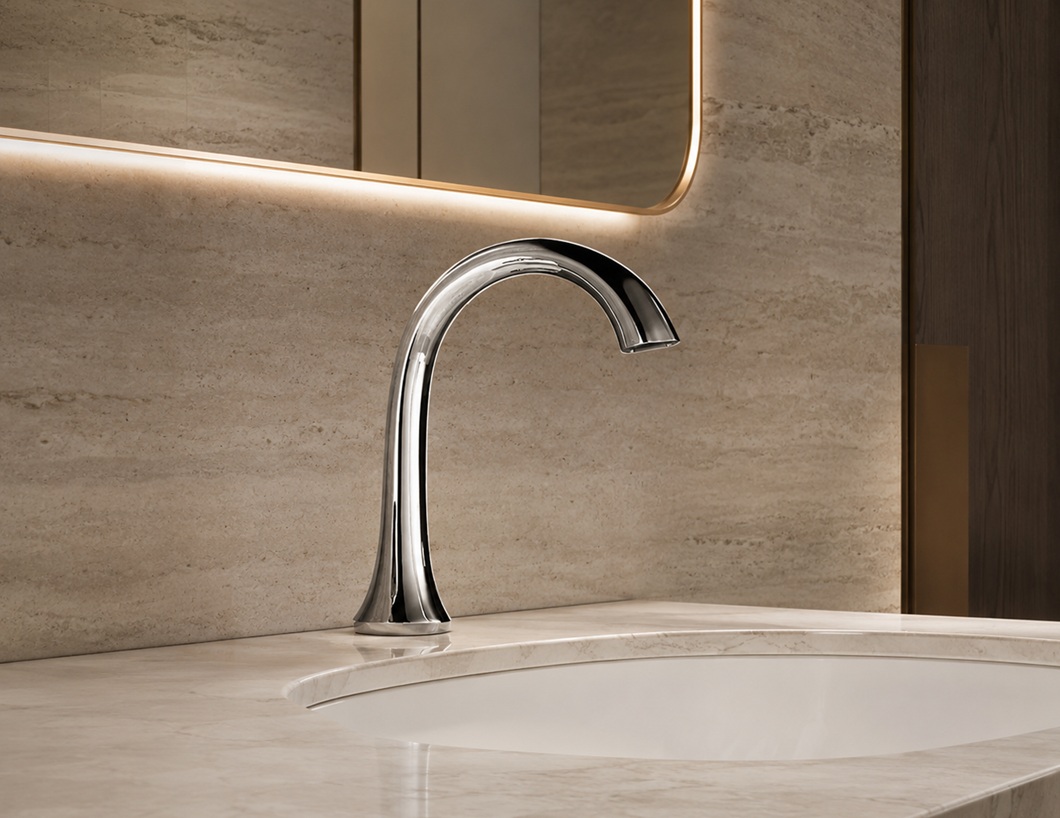 Technical product image of Fontana L Aquila Touchless Sensor Faucet FS-1075SCDP showing touchless spout design, finish consistency, deck-mount setup, water outlet alignment, and retrofit installation suitability.