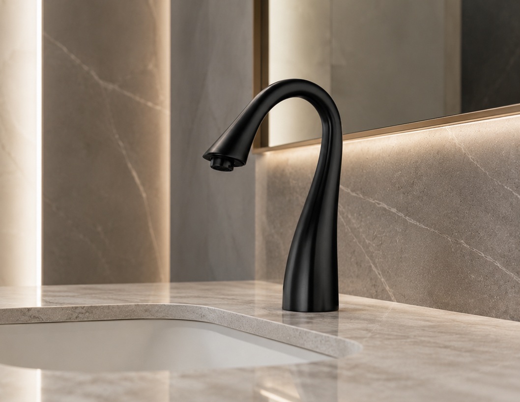 Technical product image of Fontana Matte Black Touchless Sensor Faucet FS-1096MB showing matte black finish durability, automatic sensor zone, spout geometry, and countertop mounting detail.