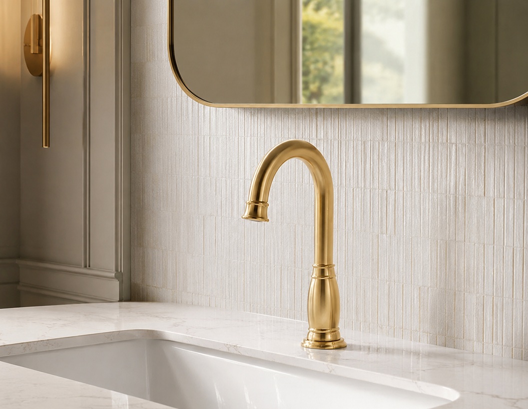 Technical product image of Fontana Touchless Bathroom Faucet FS-1095SGDP showing sensor activation zone, hygienic hands-free operation, finish detail, commercial sink integration, and water-saving shut-off behavior.