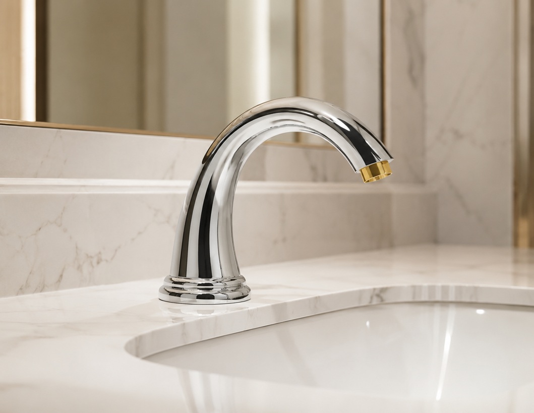 Technical product image of Fontana Chrome Touchless Sensor Faucet FS-1096C showing chrome finish, infrared sensor area, spout profile, deck-mount configuration, and commercial restroom installation detail.