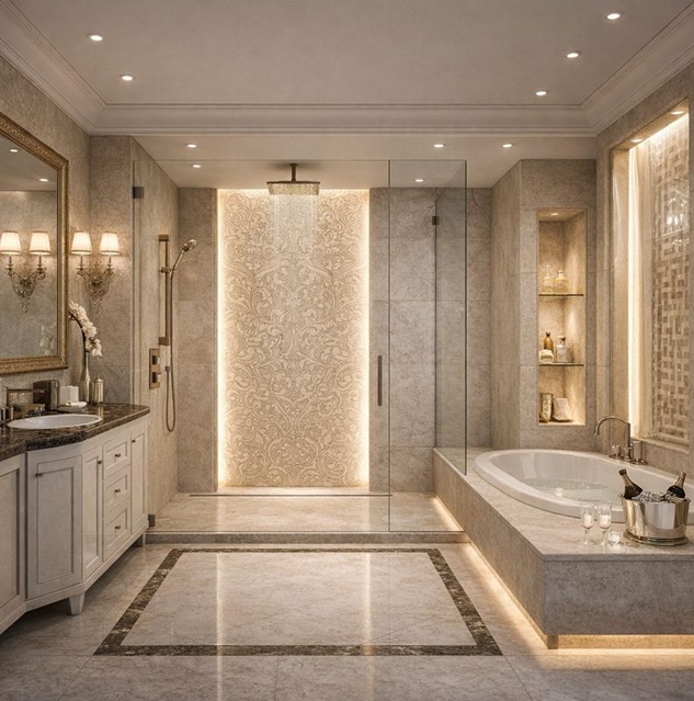 Luxury hospitality rainfall shower system for hotel bathroom design