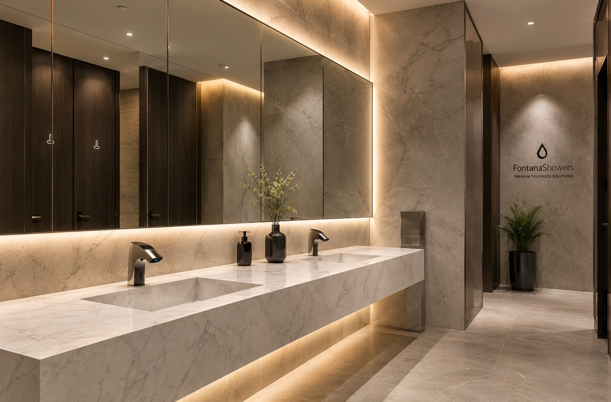 Luxury commercial restroom design with touchless faucet and premium marble finishes by FontanaShowers