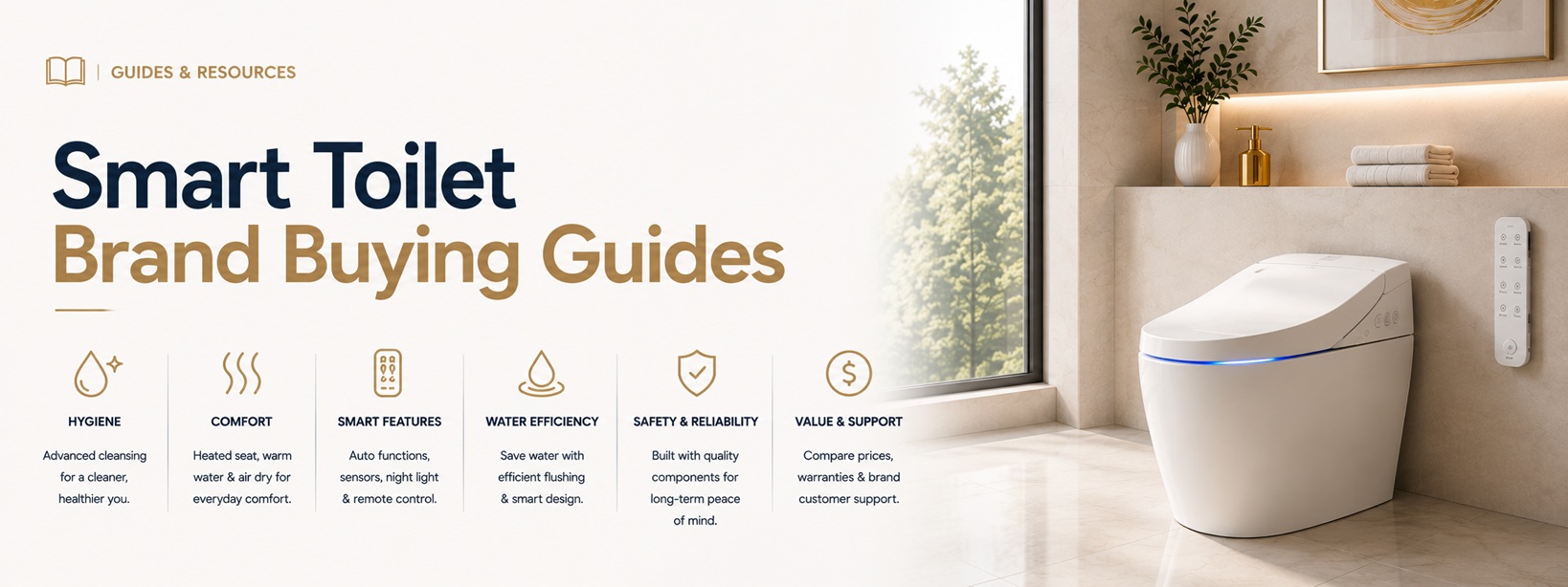 Smart Toilet Brand Buying Guides - Hygiene, comfort, smart features, water efficiency, safety and reliability, value and support