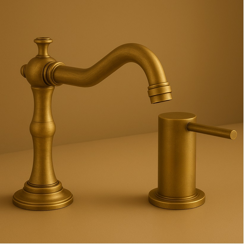 Fontana brushed gold touchless faucet and soap dispenser set