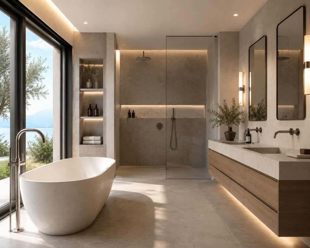 Luxury contemporary bathroom design with modern shower and premium finishes