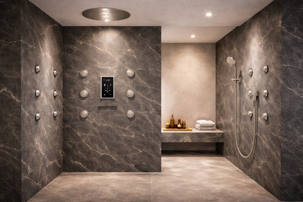 Fontana luxury spa shower system with rainfall and body spray functions
