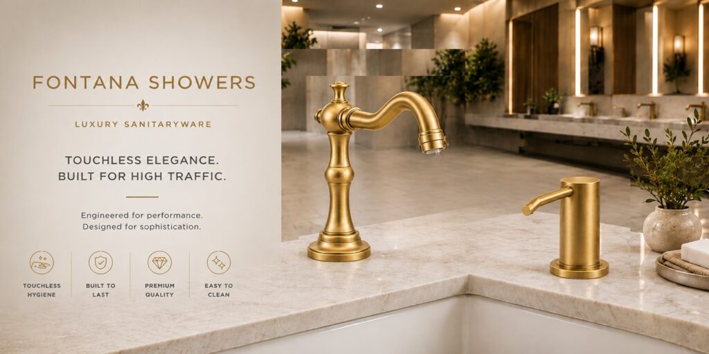 Brushed gold commercial touchless faucet and soap dispenser set for facility management