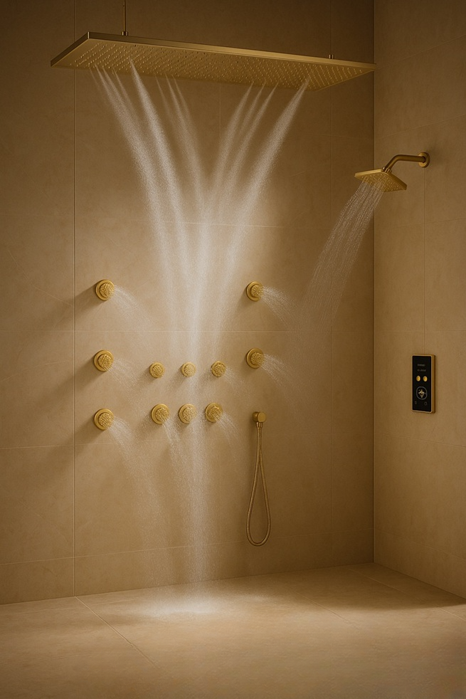 Architectural rainfall shower system with modern spa shower design