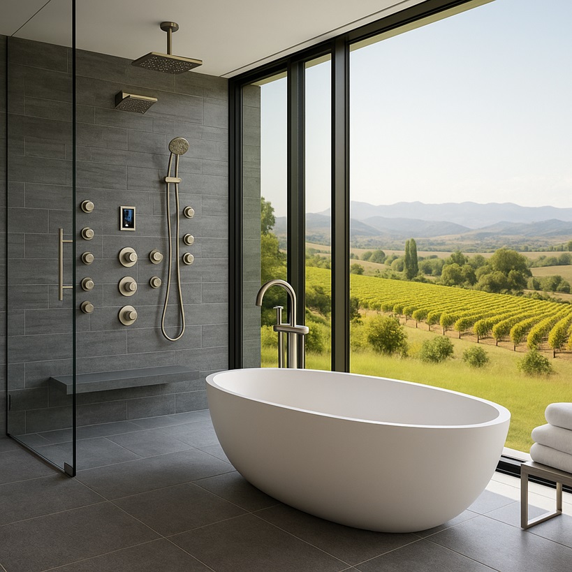 Luxury rainfall spa shower system for upscale bathroom interiors
