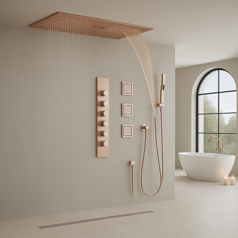 Luxury rainfall wellness shower system for upscale bathroom interiors