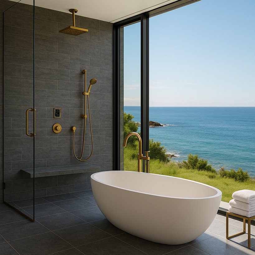 Modern architectural thermostatic shower system with refined finish