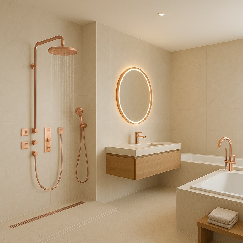 Thermostatic designer shower system for modern luxury bathrooms