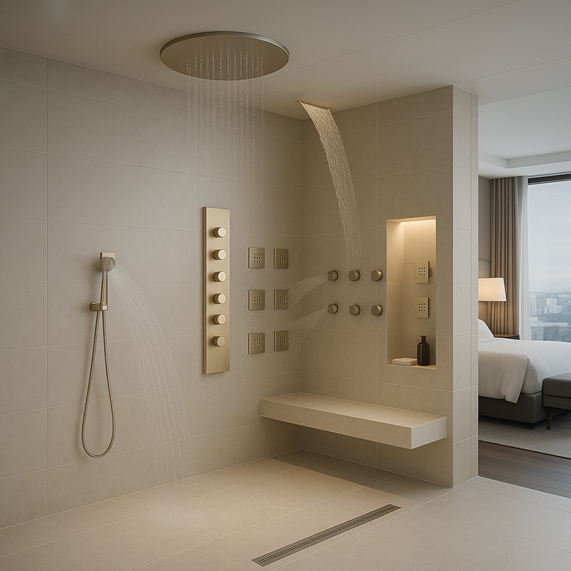 Modern thermostatic spa shower system with contemporary architectural styling