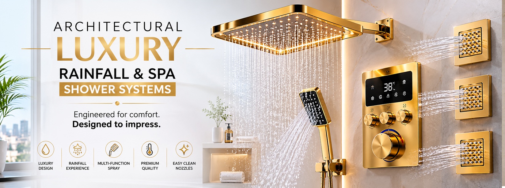 Architectural Luxury Rainfall & Spa Shower Systems - Engineered for comfort. Designed to impress. Luxury Design, Rainfall Experience, Multi-Function Spray, Premium Quality, Easy Clean - Fontana Showers