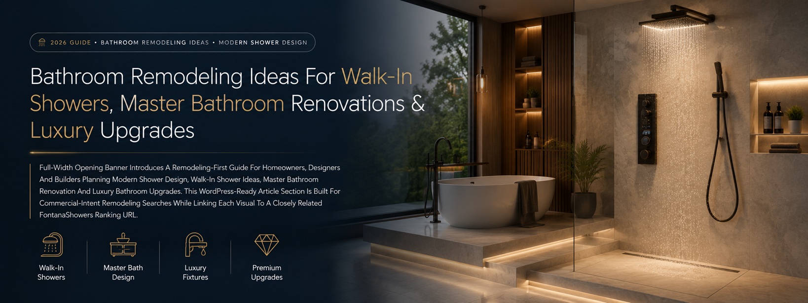 Luxury walk-in shower with rainfall head and modern tile design