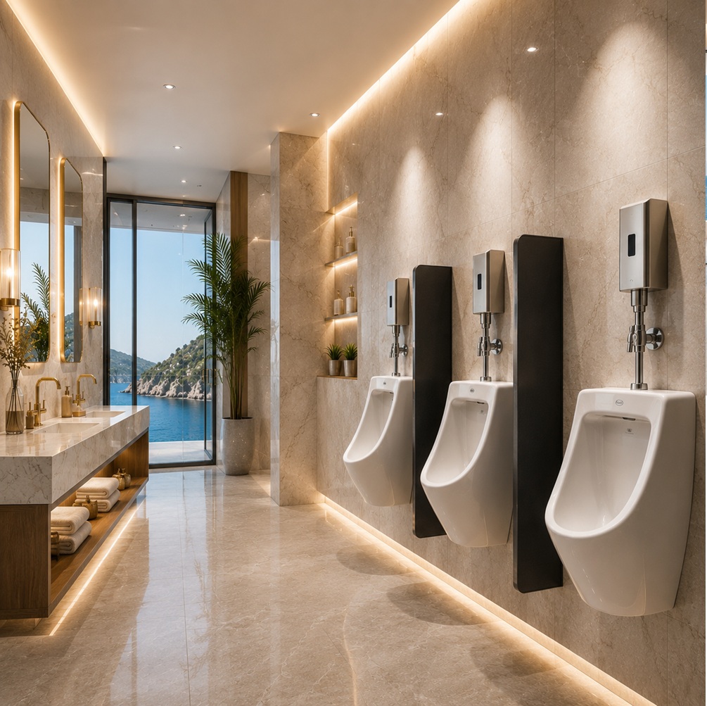 Commercial urinal auto flush systems guide showing sensor flush valves, recessed and exposed installations for commercial restrooms