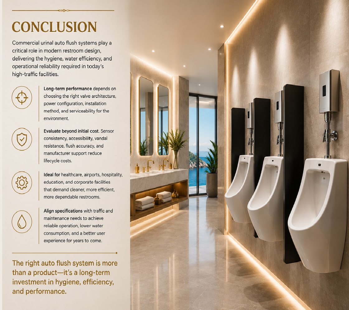 Conclusion - Commercial urinal auto flush systems play a critical role in modern restroom design, delivering hygiene, water efficiency, and operational reliability