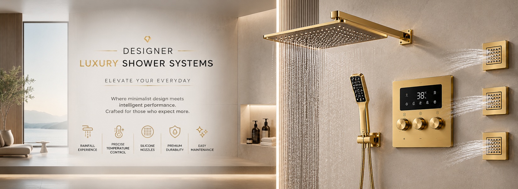Designer Luxury Shower Systems - Elevate Your Everyday. Where minimalist design meets intelligent performance. Crafted for those who expect more. Rainfall Experience, Precise Temperature Control, Easy Clean Nozzles, Premium Durability, Low Maintenance - Fontana Showers