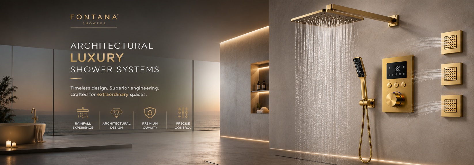 Fontana Architectural Luxury Shower Systems - Timeless design. Superior engineering. Crafted for extraordinary spaces. Rainfall Experience, Architectural Design, Premium Quality, Precision Engineered - Fontana Showers
