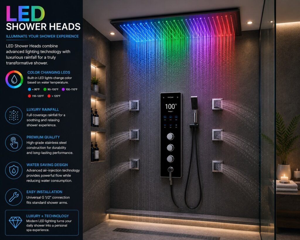 LED shower heads for smart spa bathroom lighting and water experience