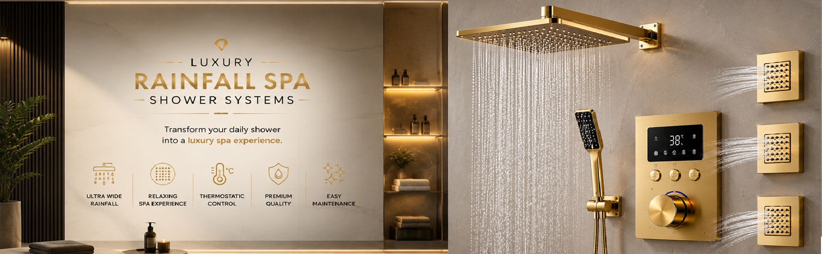 Luxury Rainfall Spa Shower Systems - Transform your daily shower into a luxury spa experience. Luxury Wide Rainfall, Full Spa Experience, Thermostatic Control, Premium Quality, Easy Maintenance - Fontana Showers