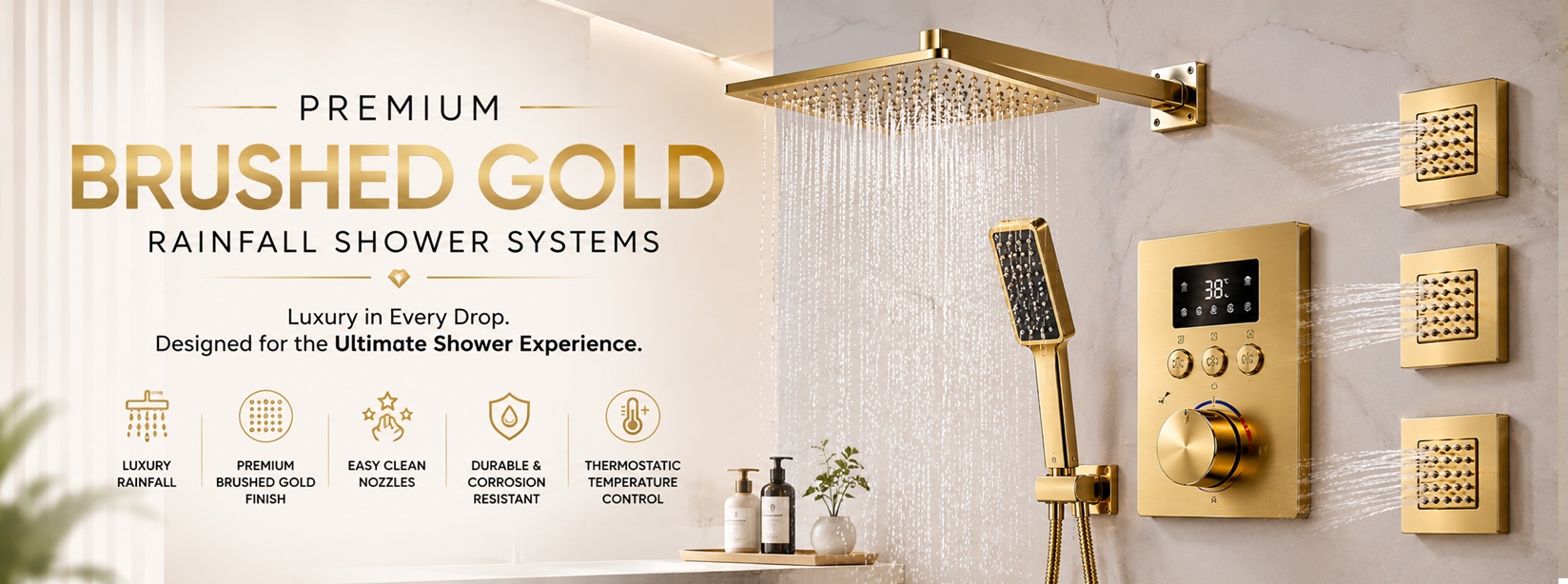 Premium Brushed Gold Rainfall Shower Systems - Luxury in Every Drop. Designed for the Ultimate Shower Experience. Luxury Rainfall, Premium Brushed Gold Finish, Easy Clean Nozzles, Durable & Corrosion Resistant, Thermostatic Temperature Control - Fontana Showers