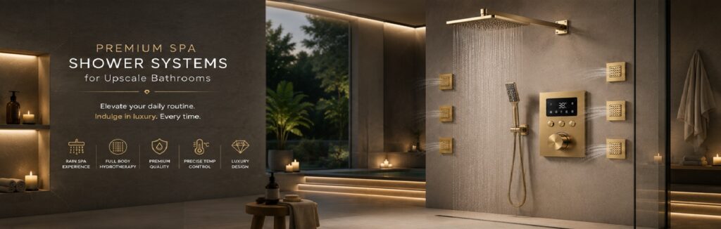 Premium spa shower system with rainfall head and body sprays for upscale bathrooms