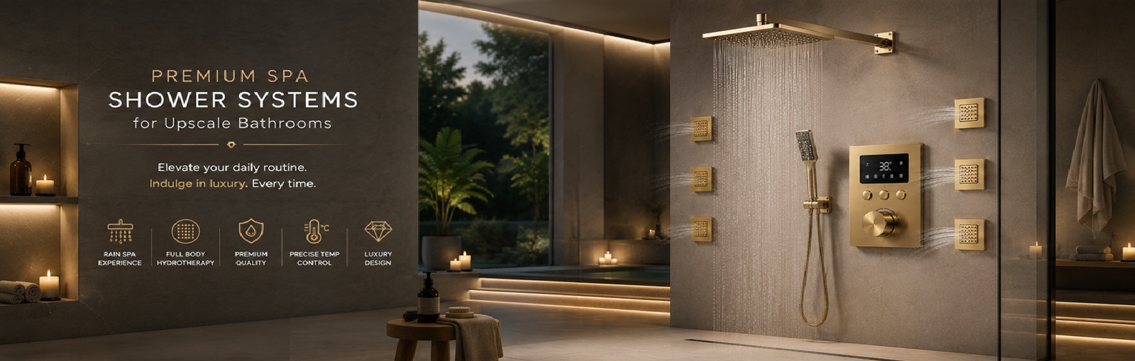 Premium Spa Shower Systems for Upscale Bathrooms - Elevate your daily routine. Indulge in luxury. Every time. Rainfall Experience, Full Spa Experience, Premium Quality, Precision Temperature Control, Lasting Durability - Fontana Showers