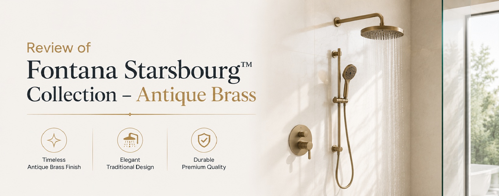 Review of Fontana Starsbourg Collection Antique Brass shower system with timeless brass finish, elegant traditional design, and premium durability