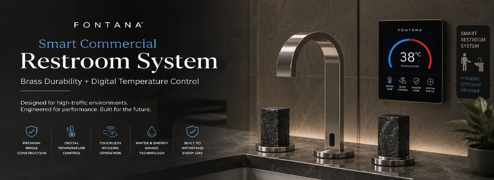 Smart Commercial Restroom System - Brass Durability + Digital Temperature Control - Designed for high-traffic environments. Engineered for performance. Built for the future. - Fontana Showers