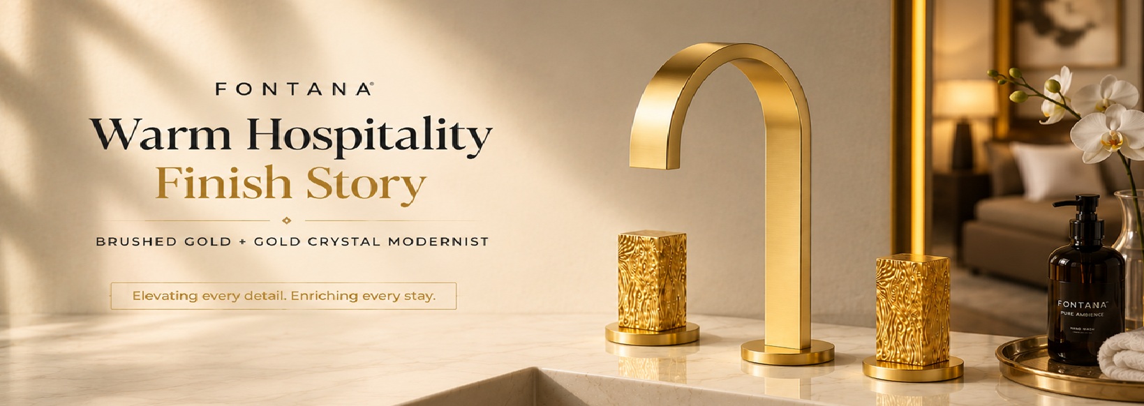 Warm Hospitality Finish Story - Brushed Gold / Gold Crystal Modernist - Elevating every detail. Enriching every stay. - Fontana Showers