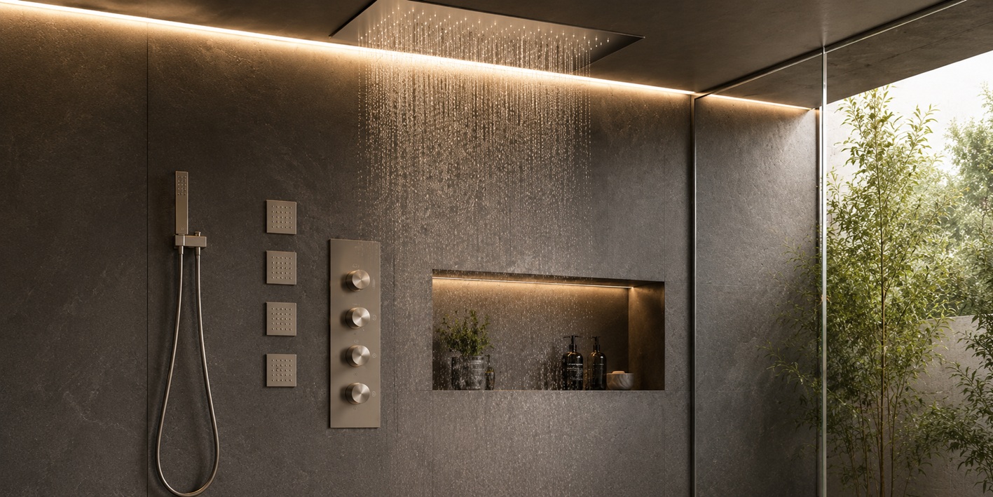Architectural rainfall shower system luxury bathroom design guide - large ceiling mount rain shower head with spa ambiance
