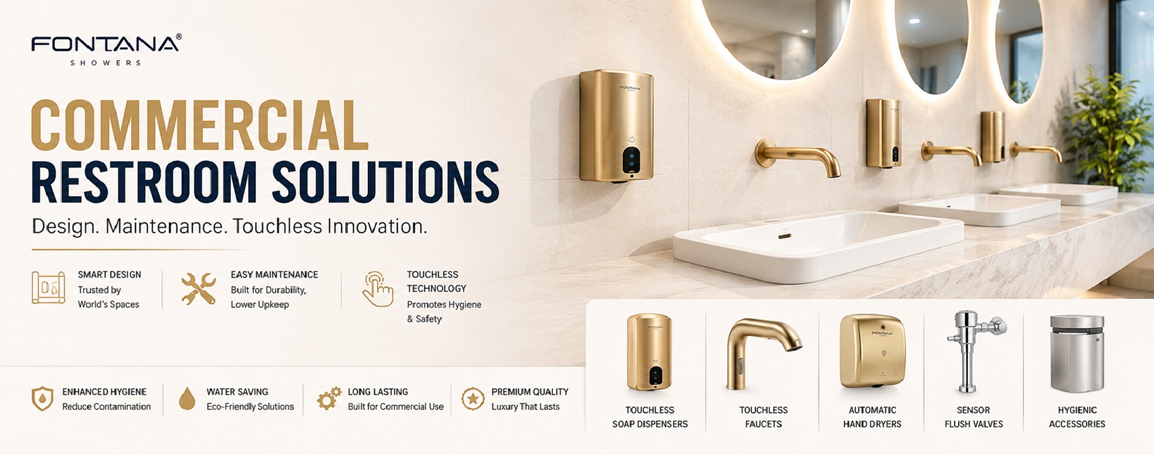 Commercial restroom solutions - Touchless technology, ADA compliance, water saving, premium quality