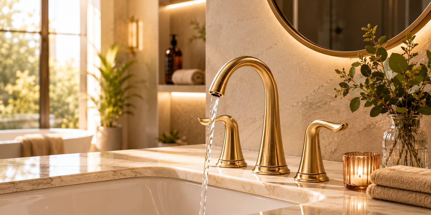 Luxury champagne bronze bathroom faucet in elegant modern bathroom design