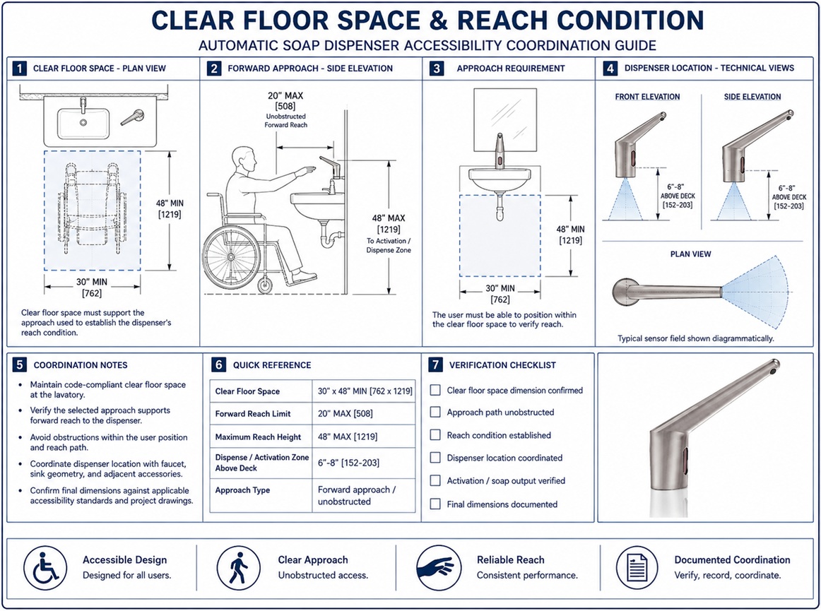 Accessible restroom plan showing a 30-inch by 48-inch clear floor space connected to the accessible route at a lavatory