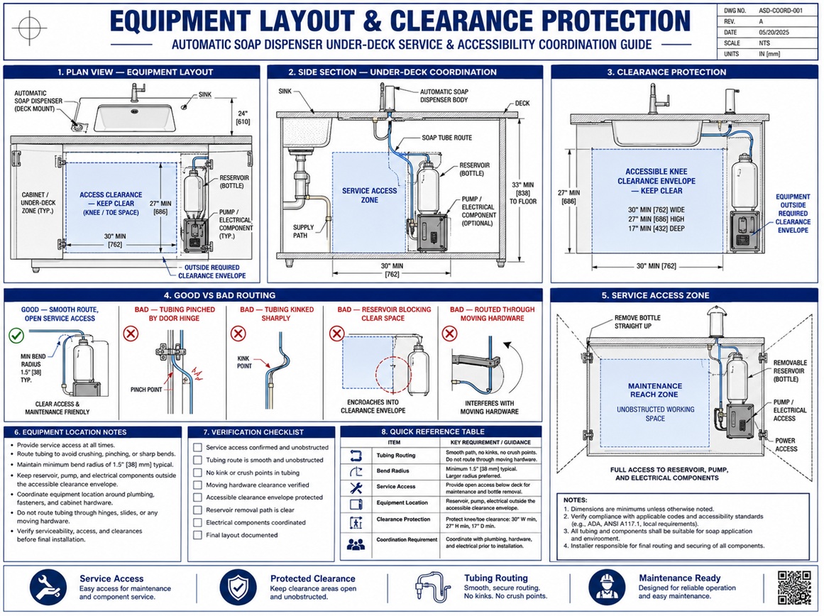 Accessible lavatory section showing soap dispenser equipment positioned outside required knee and toe clearance
